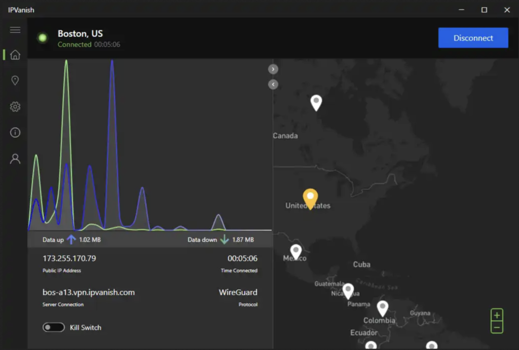 IPVanish vs NordVPN: IPVanish the main dashboard